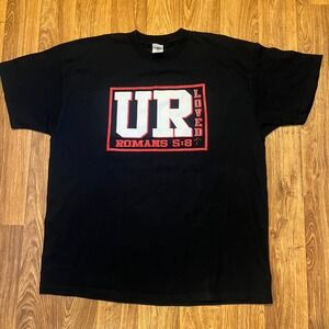 Vintage‎ Christian Shirt Men 2XL Black  Loved Romans 8:8 Gospel Graphic Print
